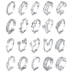18K White Gold Adjustable Boho Open Toe Rings - Set of 20